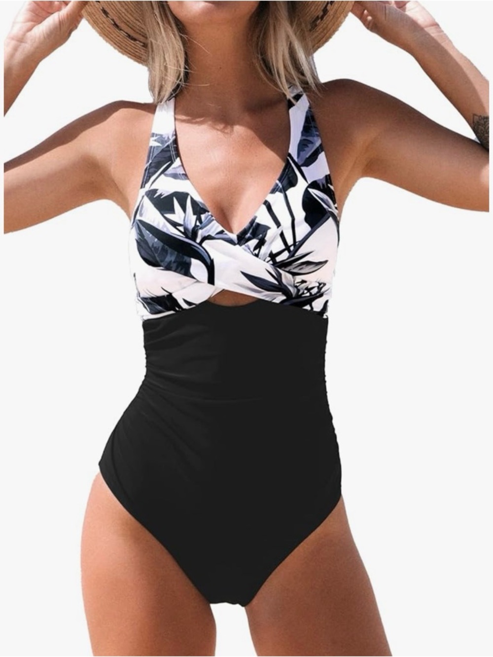 NWT Cupshe Black One-Piece Swimsuit with Tropical Print Top - Large